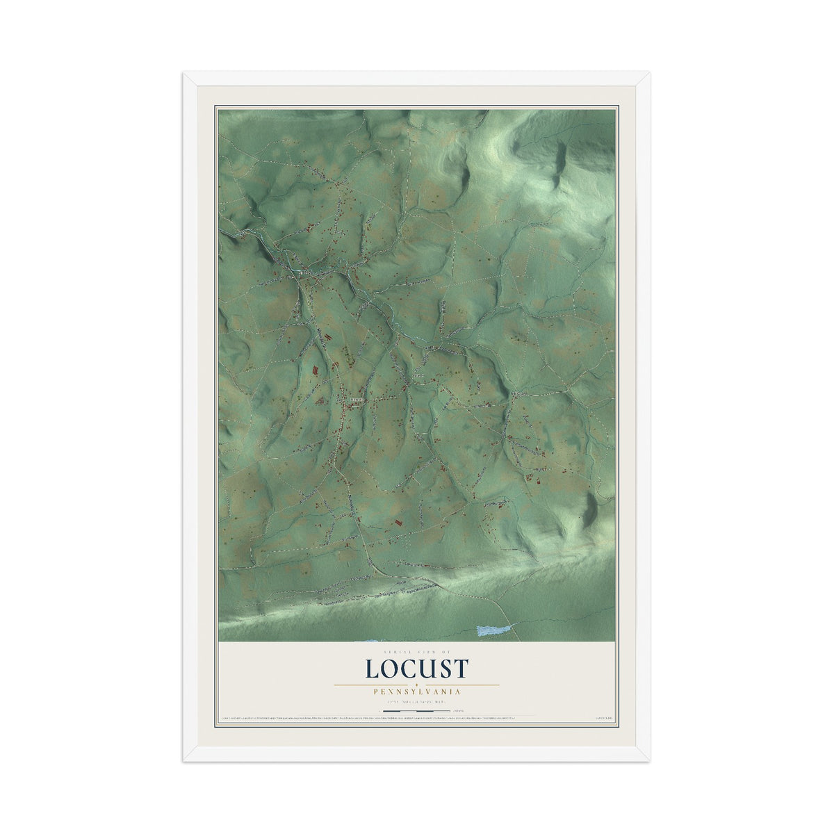 Map of Locust, Pennsylvania, 12 x 18 inch print in a white wood frame