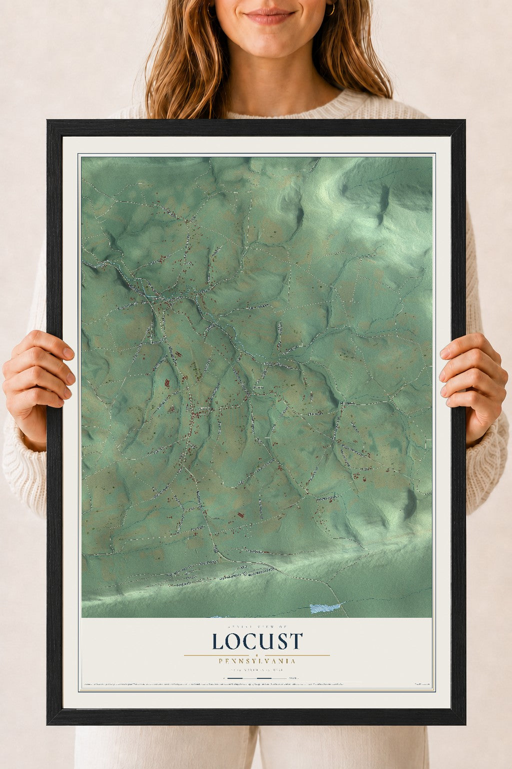 Map of Locust, Pennsylvania, 18 x 24 inch print in a black wood frame