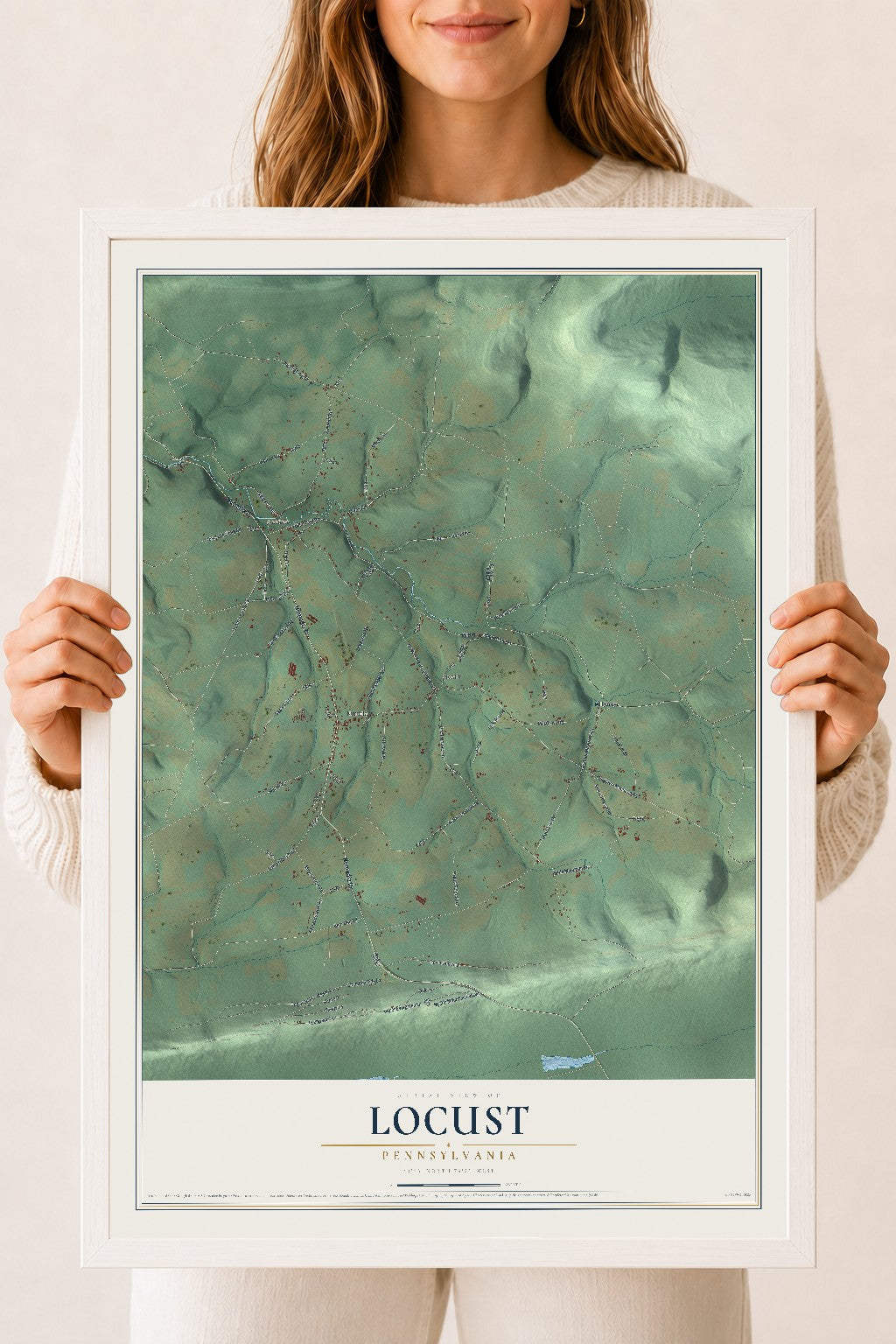 Map of Locust, Pennsylvania, 18 x 24 inch print in a white wood frame
