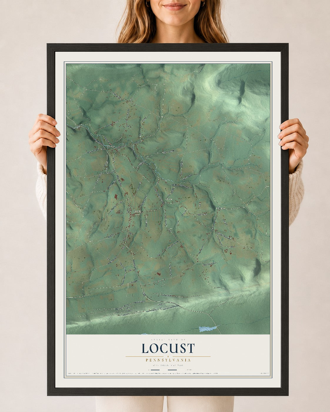 Map of Locust, Pennsylvania, 24 x 36 inch print in a black wood frame
