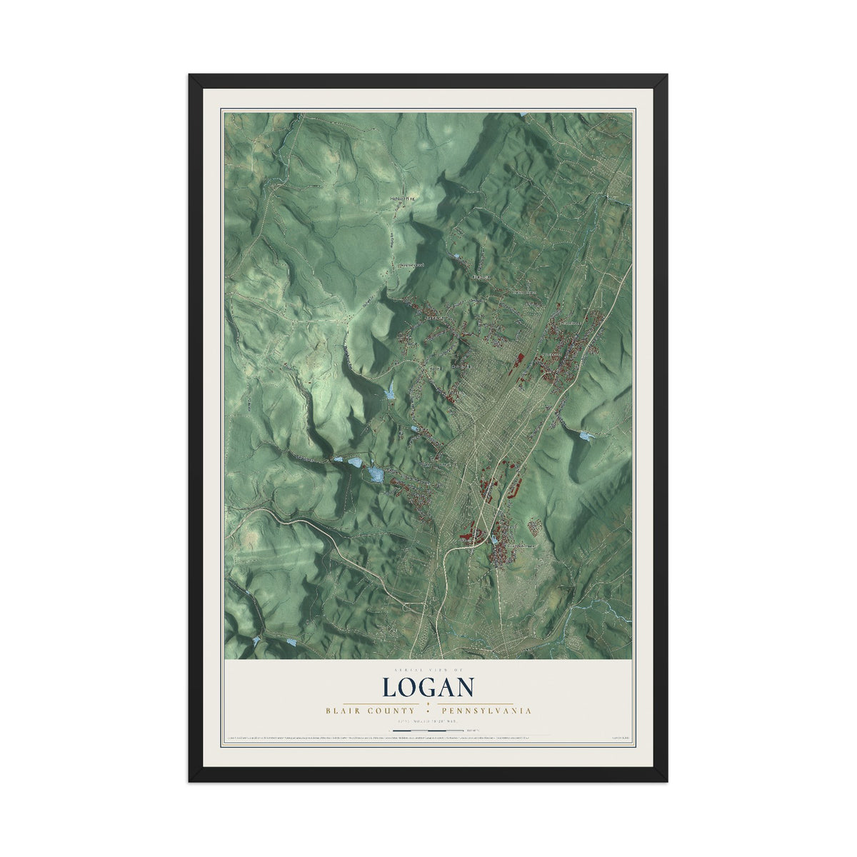 Map of Logan, Blair County, Pennsylvania, 12 x 18 inch print in a black wood frame