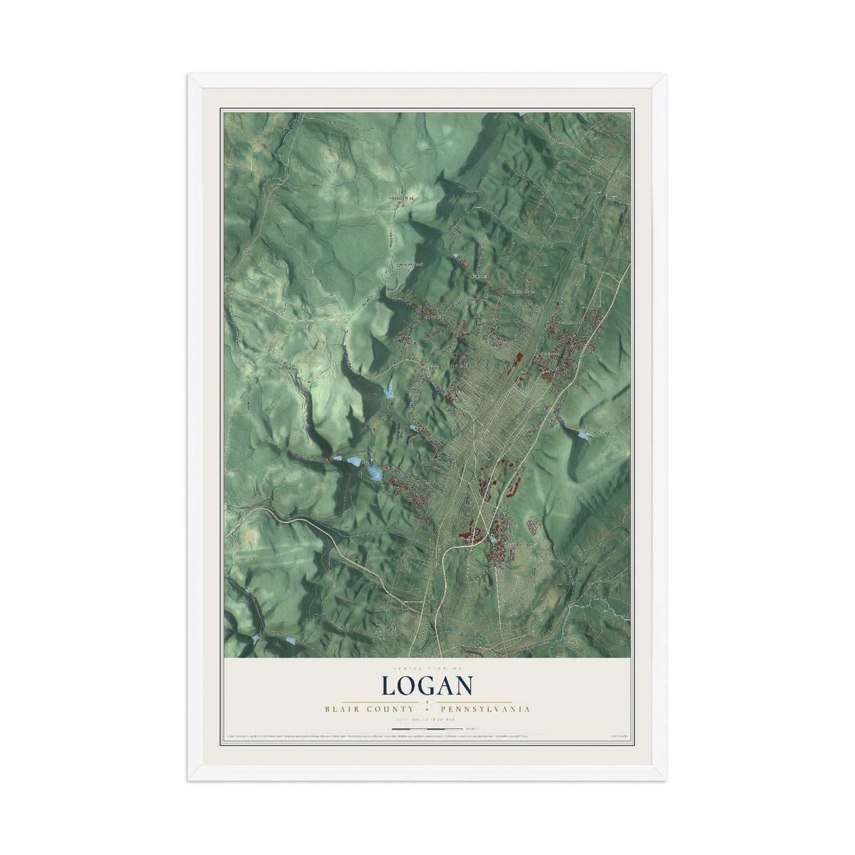 Map of Logan, Blair County, Pennsylvania, 12 x 18 inch print in a white wood frame