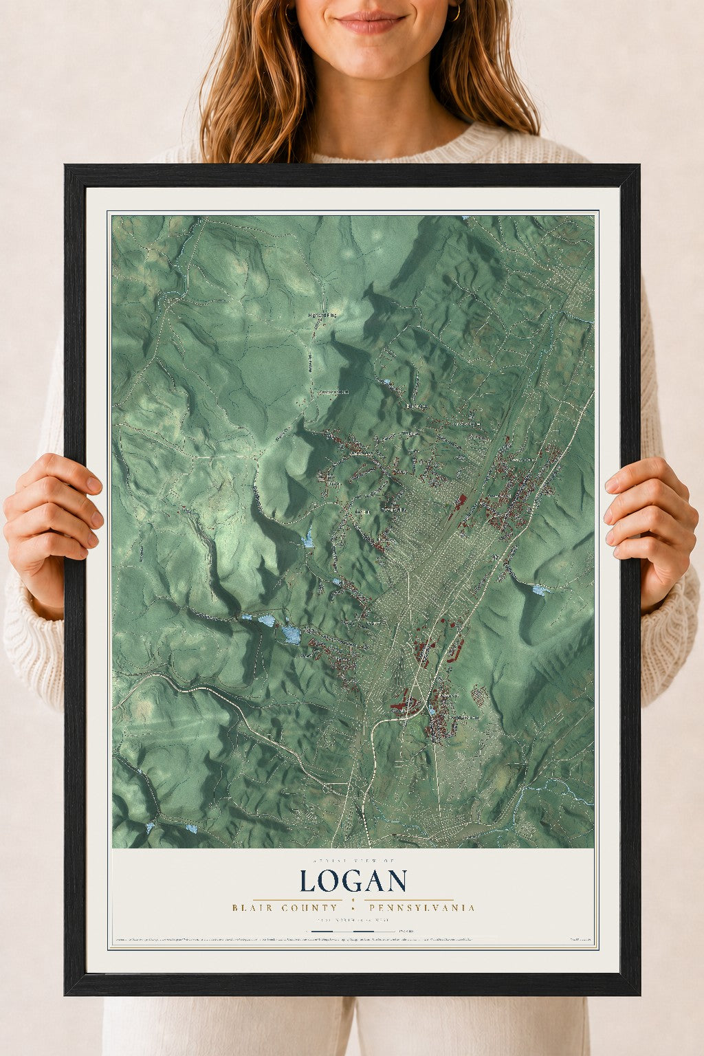 Map of Logan, Blair County, Pennsylvania, 18 x 24 inch print in a black wood frame