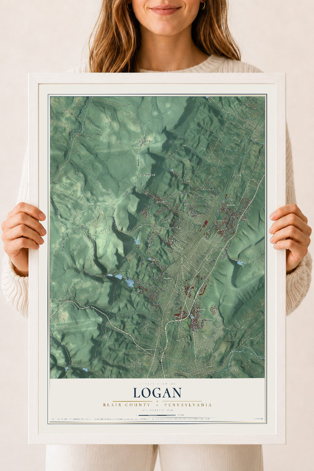 Map of Logan, Blair County, Pennsylvania, 18 x 24 inch print in a white wood frame
