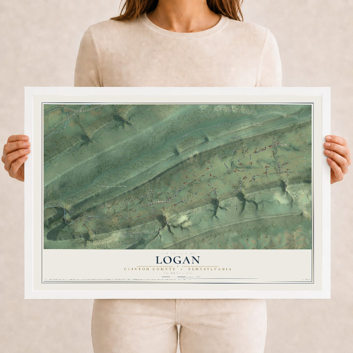 Map of Logan, Clinton County, Pennsylvania, 12 x 18 inch print in a white wood frame