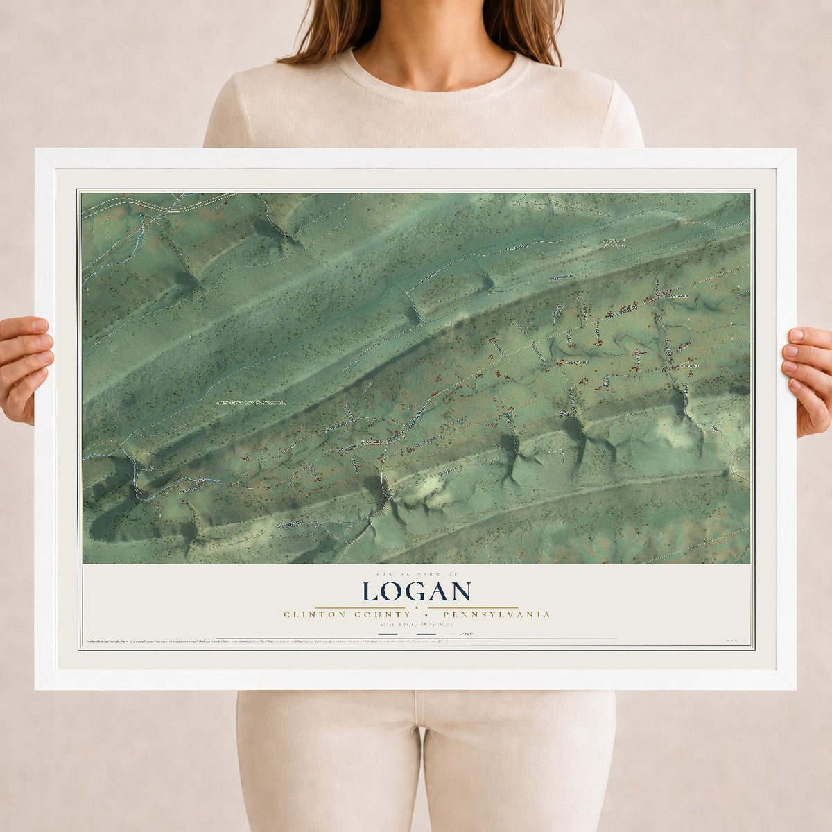 Map of Logan, Clinton County, Pennsylvania, 18 x 24 inch print in a white wood frame