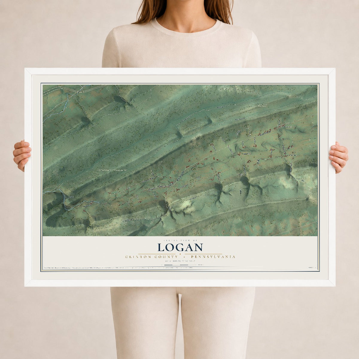 Map of Logan, Clinton County, Pennsylvania, 24 x 36 inch print in a white wood frame