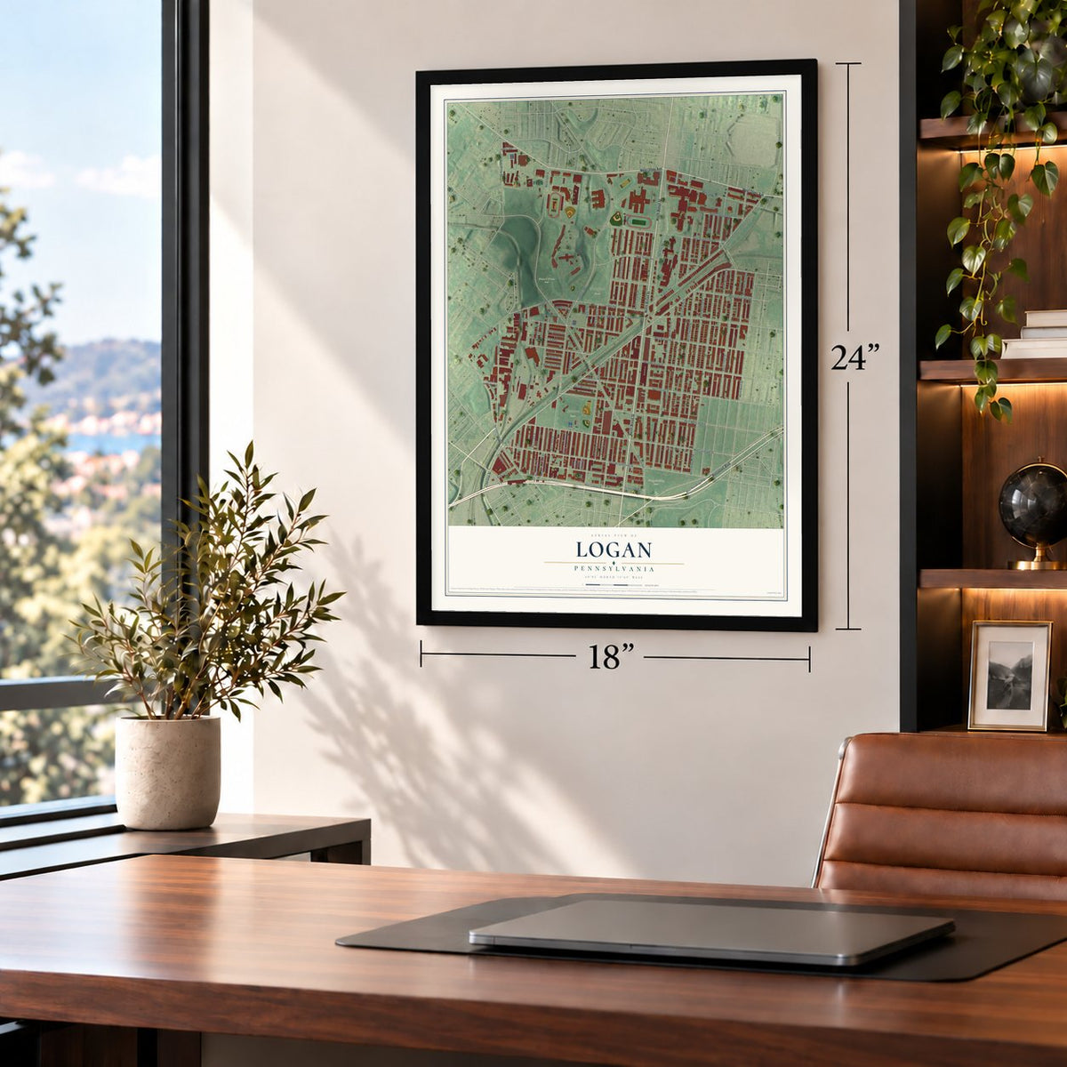 Logan, Philadelphia, Pennsylvania map, 18 x 24 inch print in a black frame in a home office
