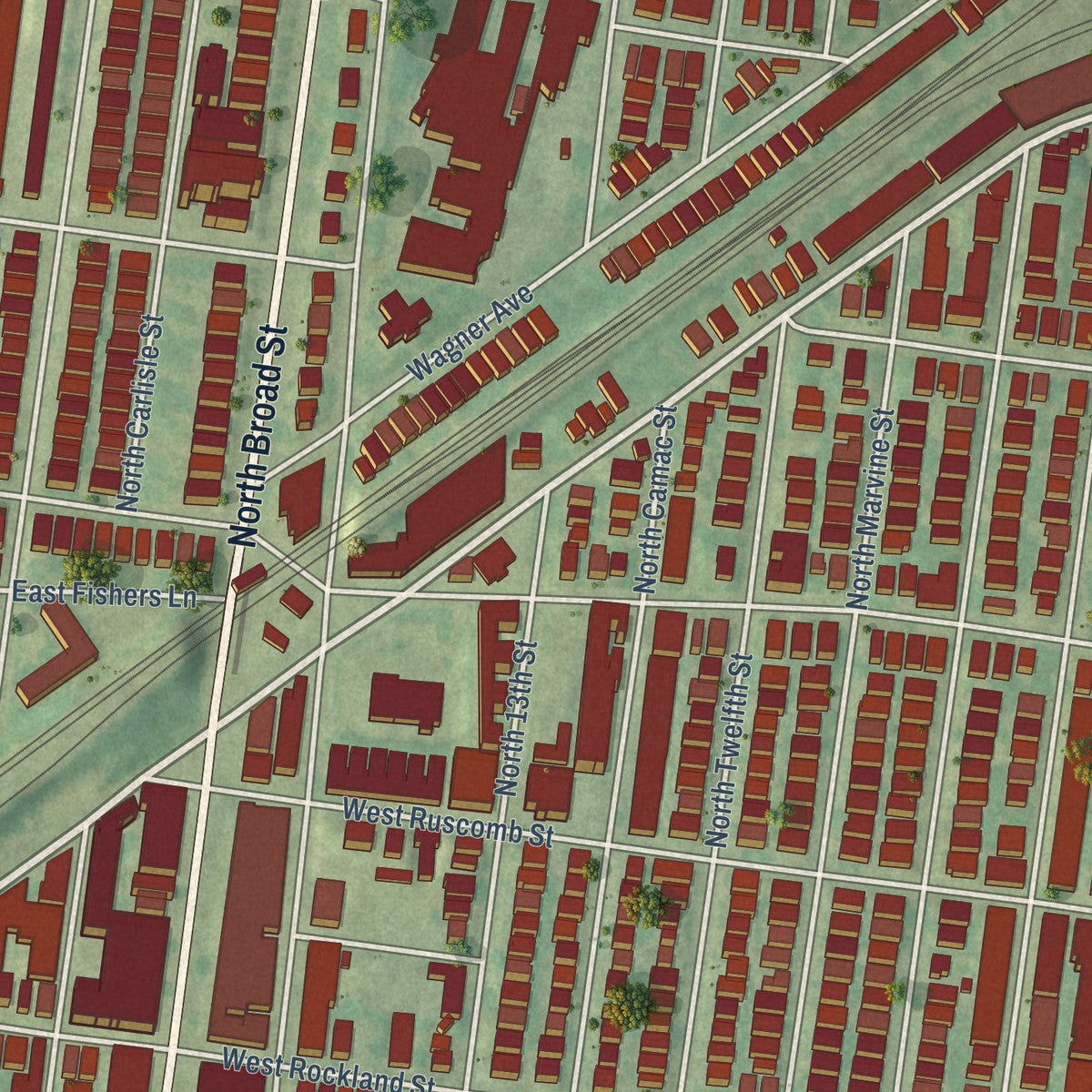 Close-up of the map of Logan, Philadelphia, Pennsylvania print showing street and building detail