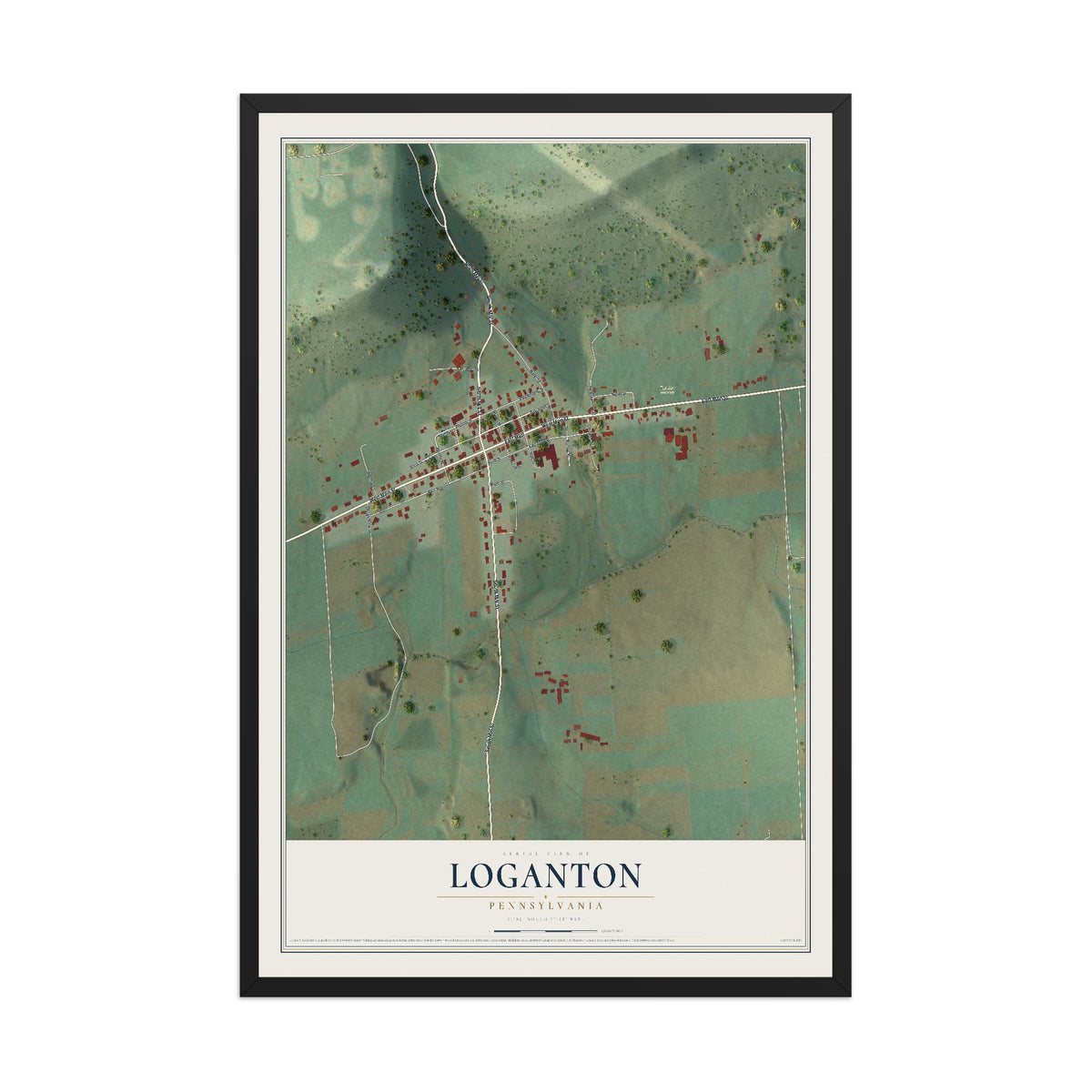 Map of Loganton, Pennsylvania, 12 x 18 inch print in a black wood frame