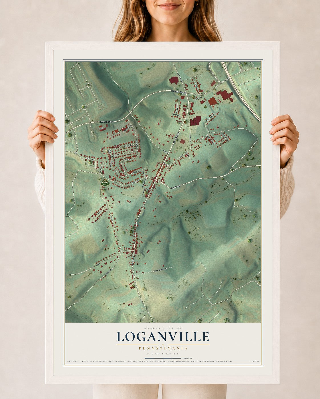 Map of Loganville, Pennsylvania, 24 x 36 inch print in a white wood frame