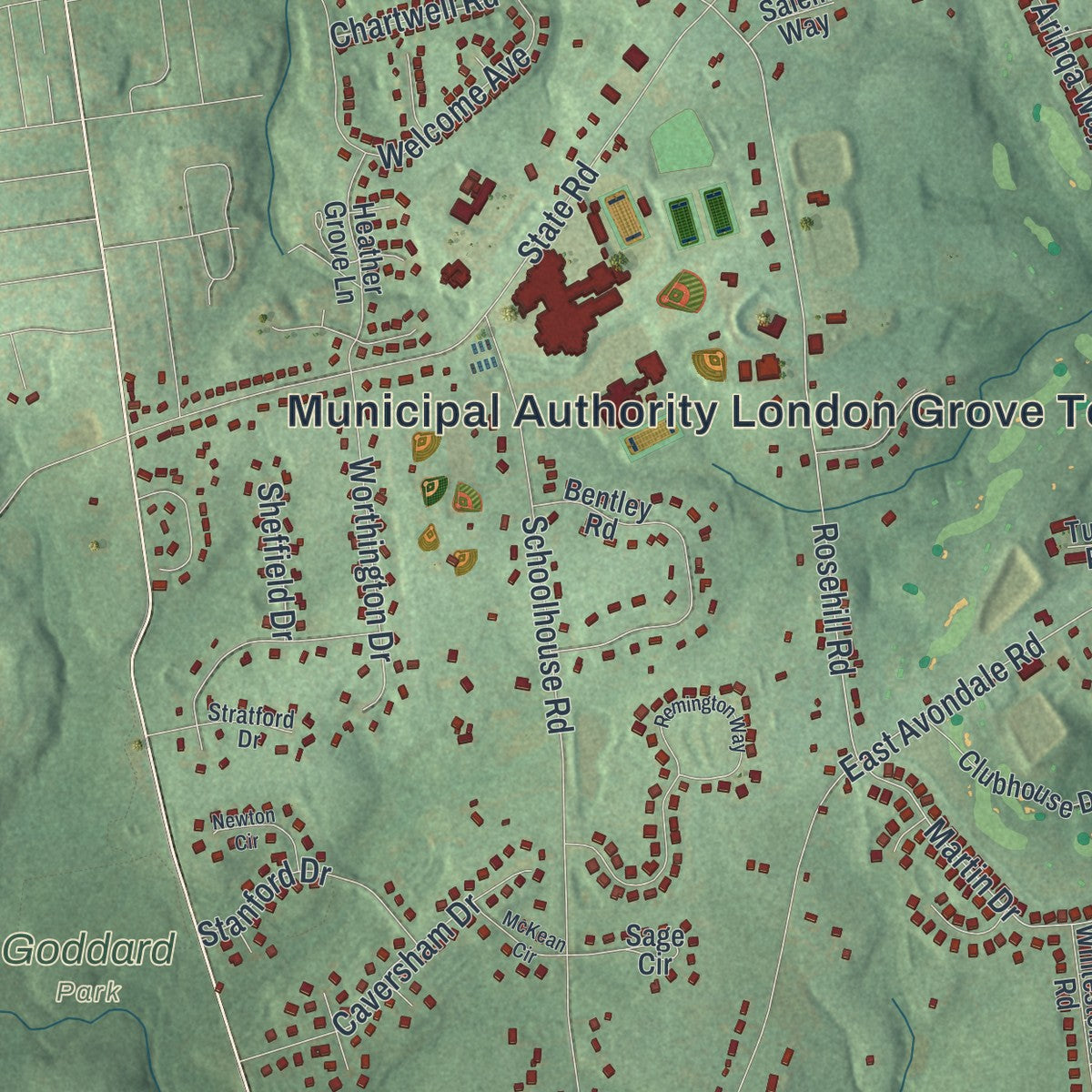 Close-up of the map of London Grove, Pennsylvania print showing street and building detail