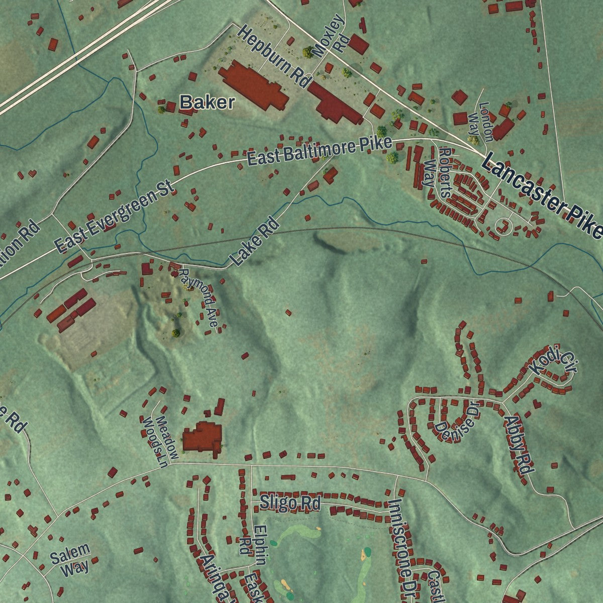 Second close-up of the map of London Grove, Pennsylvania print showing more streets and buildings