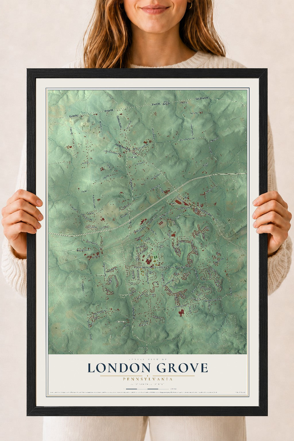 Map of London Grove, Pennsylvania, 18 x 24 inch print in a black wood frame