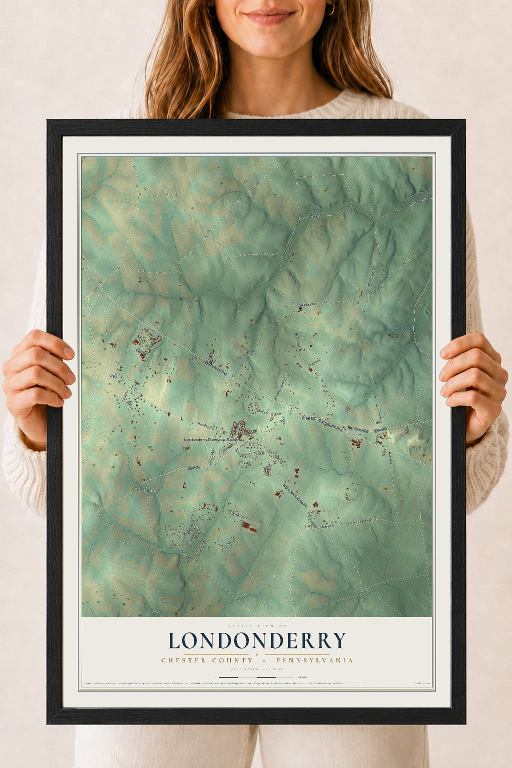 Map of Londonderry, Chester County, Pennsylvania, 18 x 24 inch print in a black wood frame