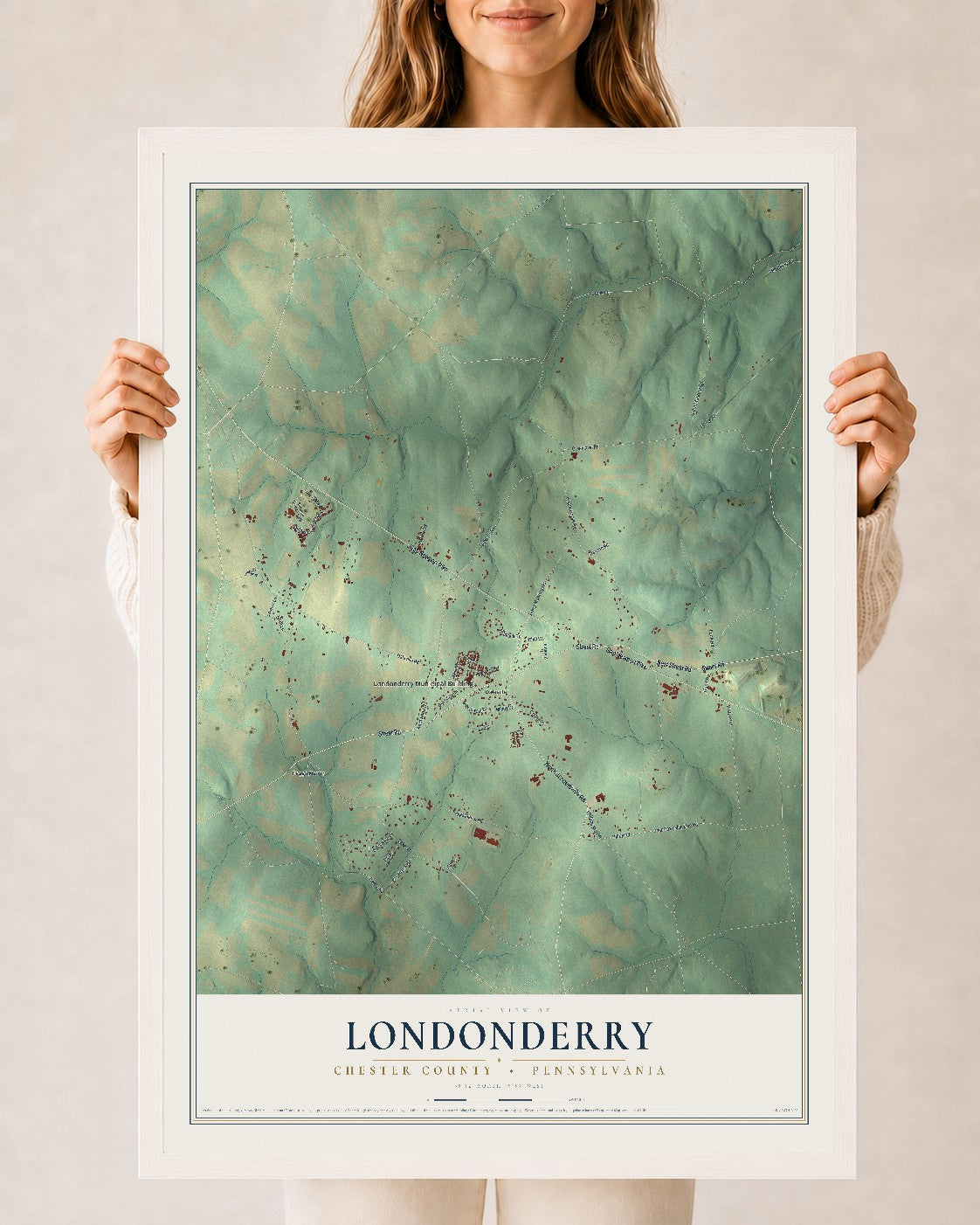 Map of Londonderry, Chester County, Pennsylvania, 24 x 36 inch print in a white wood frame