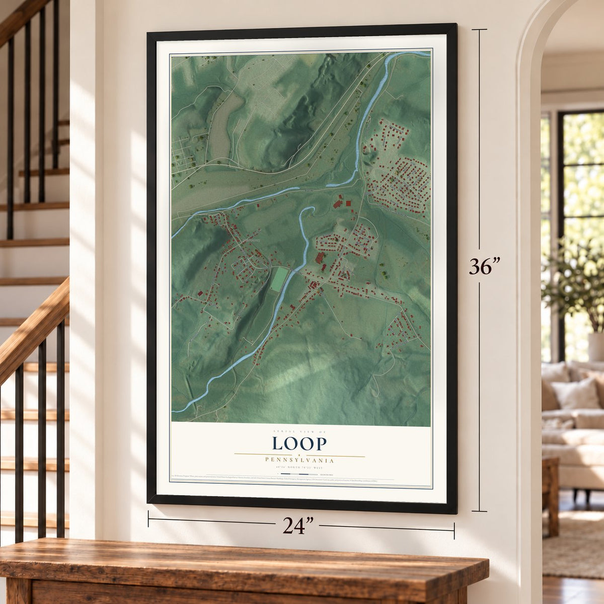 Loop, Pennsylvania map, 24 x 36 inch print in a black frame by a staircase