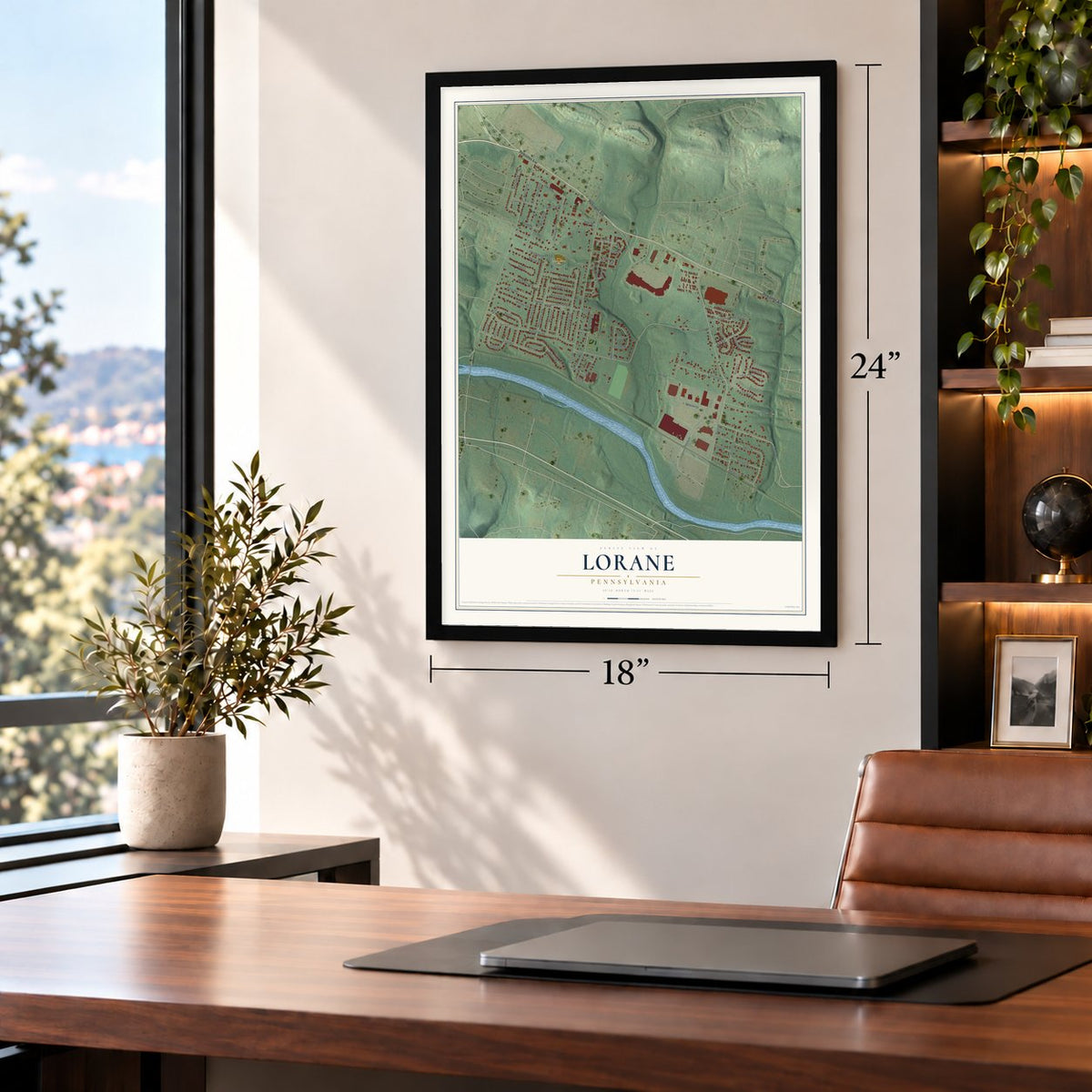 Lorane, Pennsylvania map, 18 x 24 inch print in a black frame in a home office
