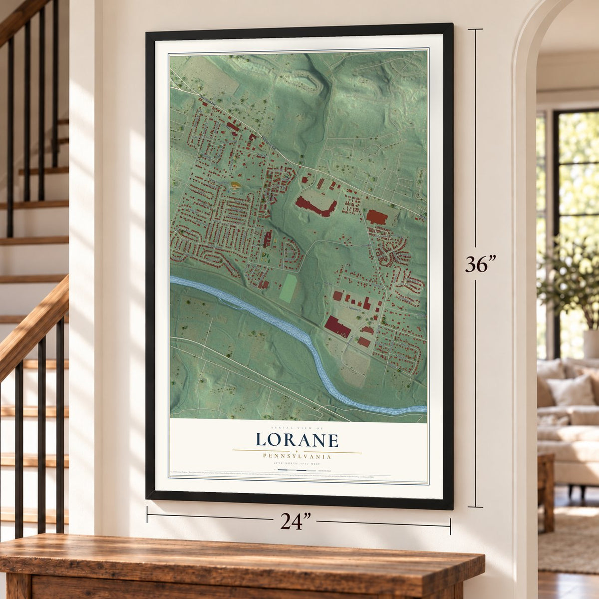 Lorane, Pennsylvania map, 24 x 36 inch print in a black frame by a staircase