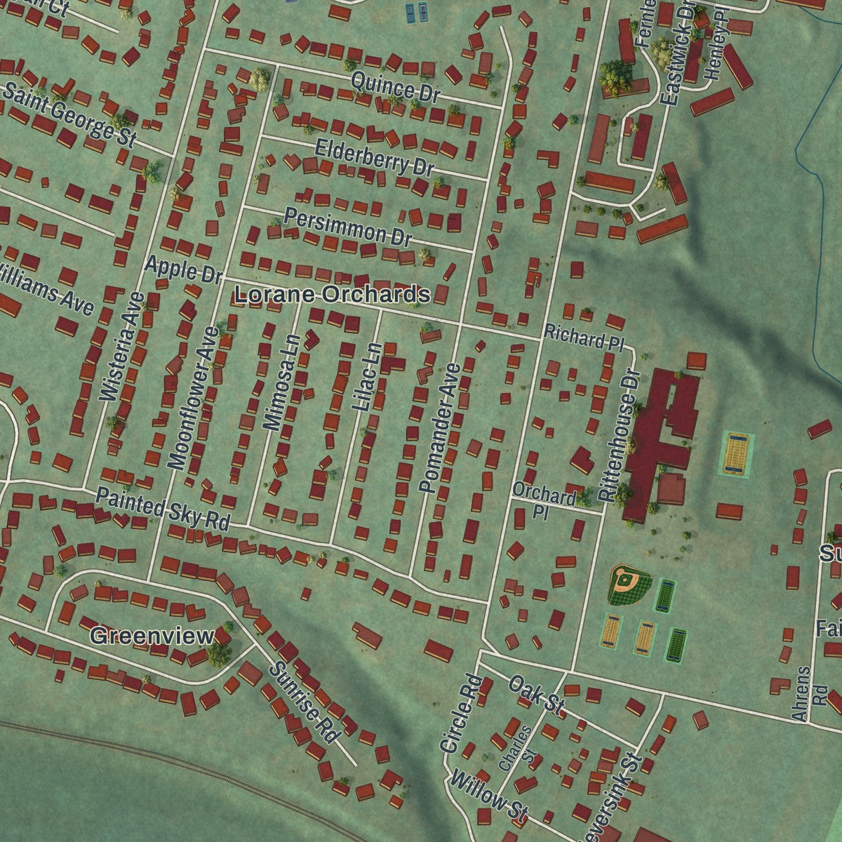 Close-up of the map of Lorane, Pennsylvania print showing street and building detail