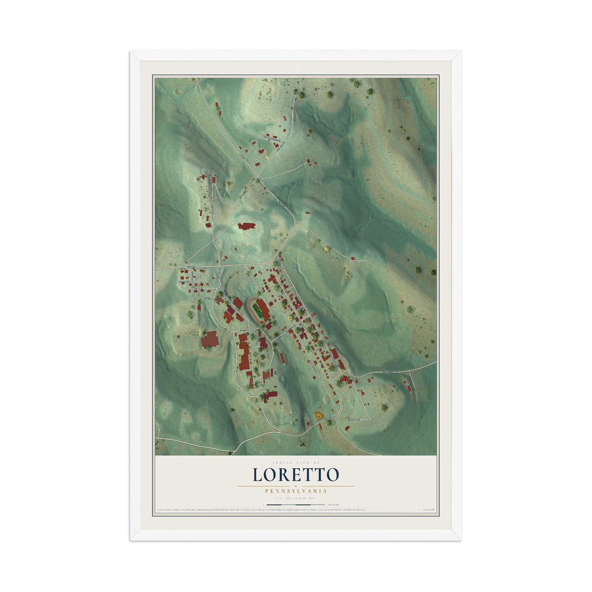 Map of Loretto, Pennsylvania, 12 x 18 inch print in a white wood frame
