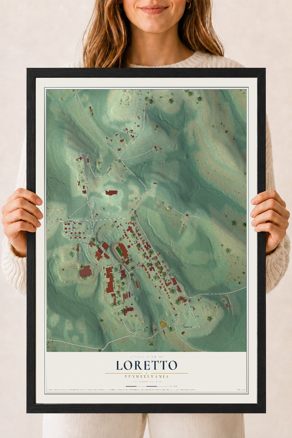 Map of Loretto, Pennsylvania, 18 x 24 inch print in a black wood frame