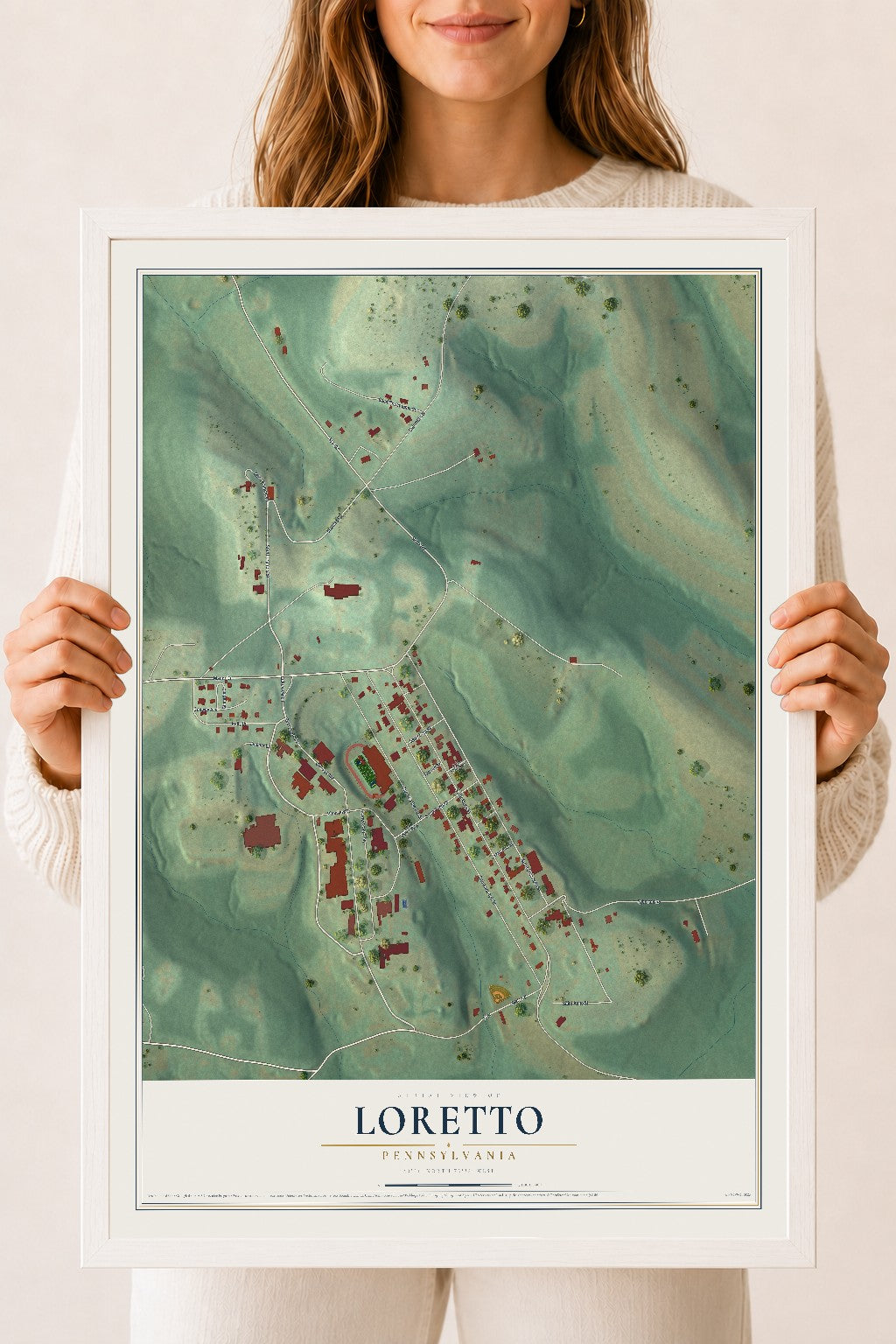 Map of Loretto, Pennsylvania, 18 x 24 inch print in a white wood frame