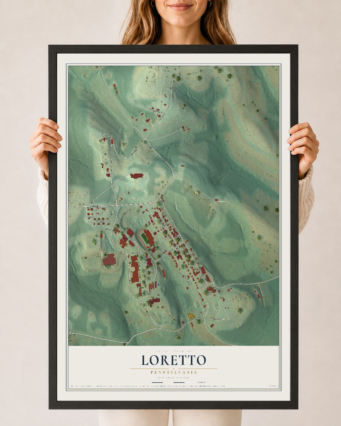 Map of Loretto, Pennsylvania, 24 x 36 inch print in a black wood frame