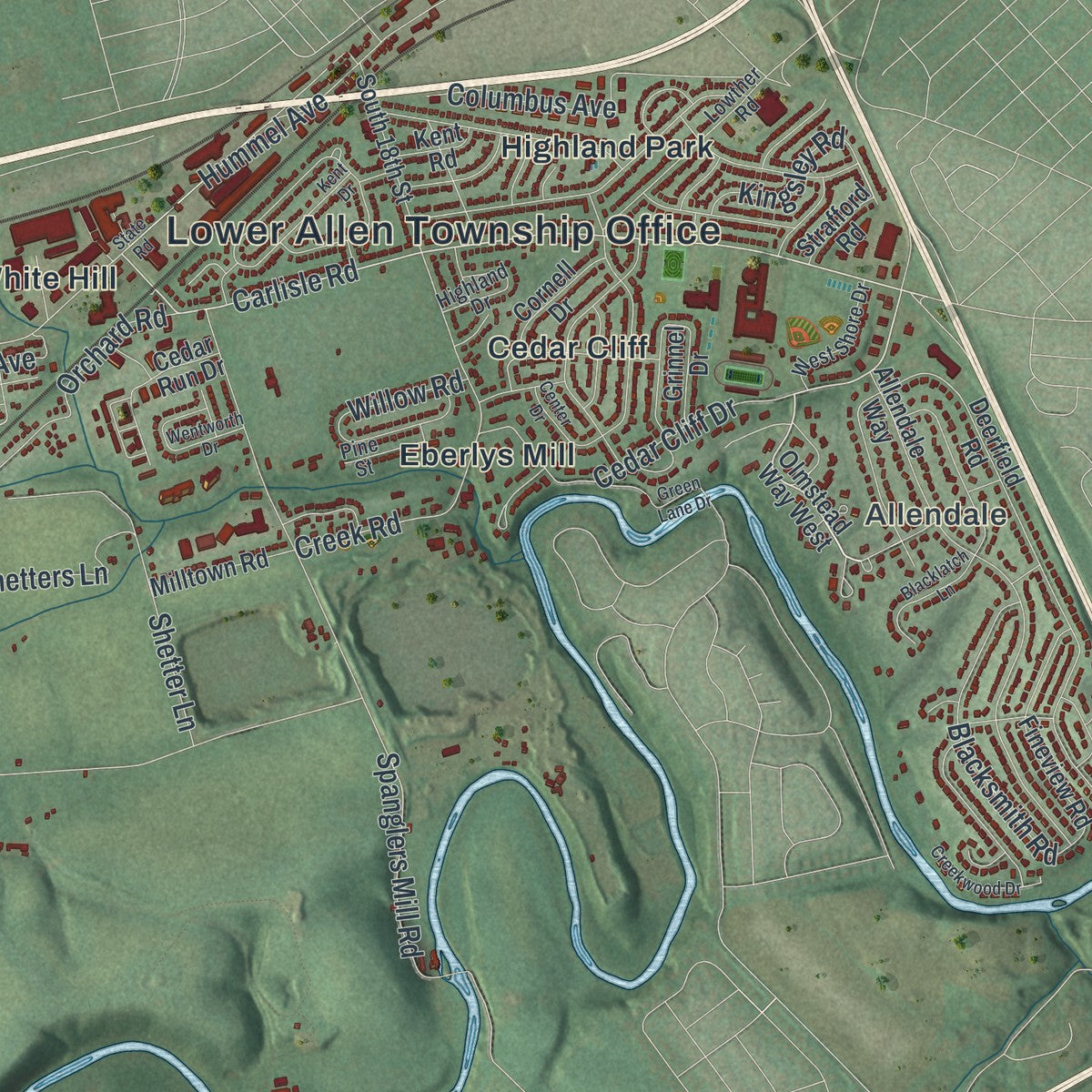 Close-up of the map of Lower Allen, Pennsylvania print showing street and building detail