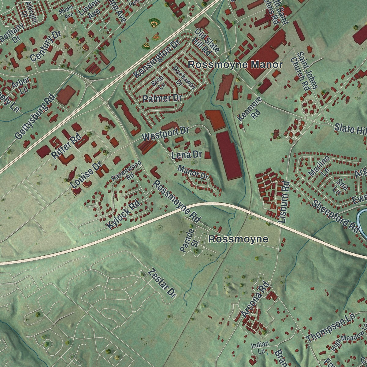 Second close-up of the map of Lower Allen, Pennsylvania print showing more streets and buildings