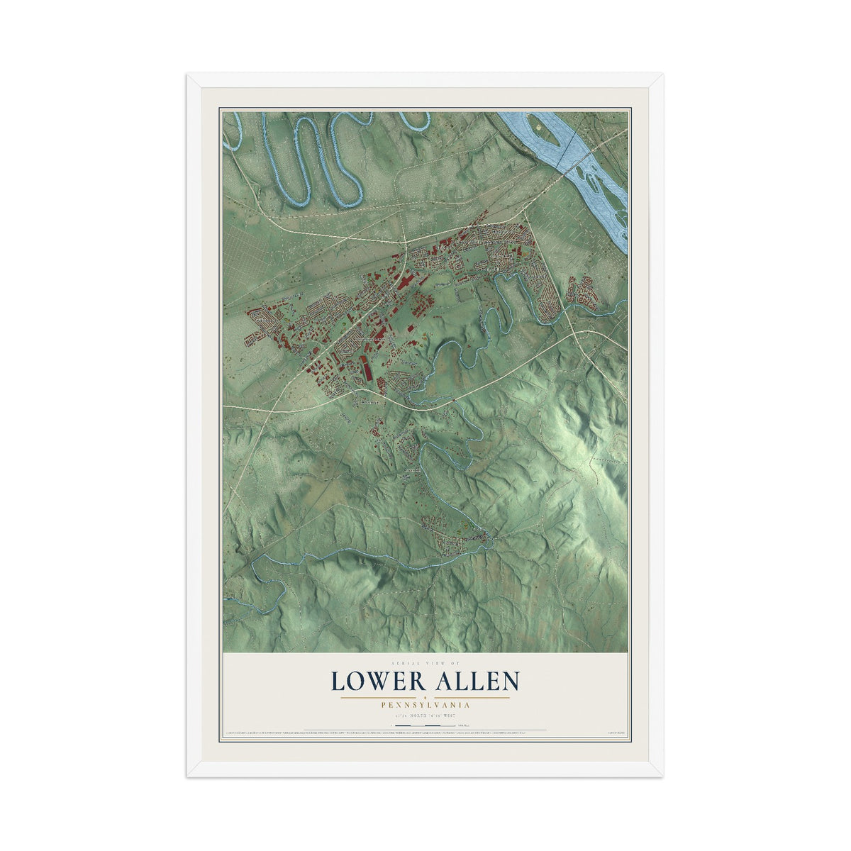 Map of Lower Allen, Pennsylvania, 12 x 18 inch print in a white wood frame