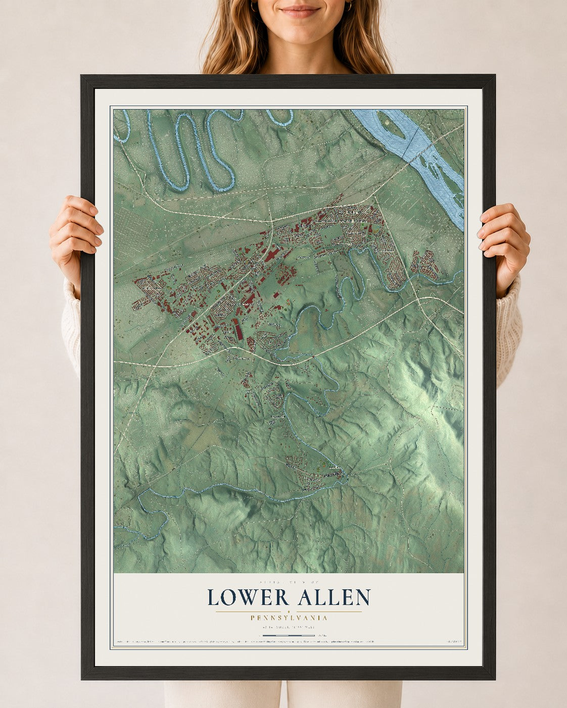 Map of Lower Allen, Pennsylvania, 24 x 36 inch print in a black wood frame