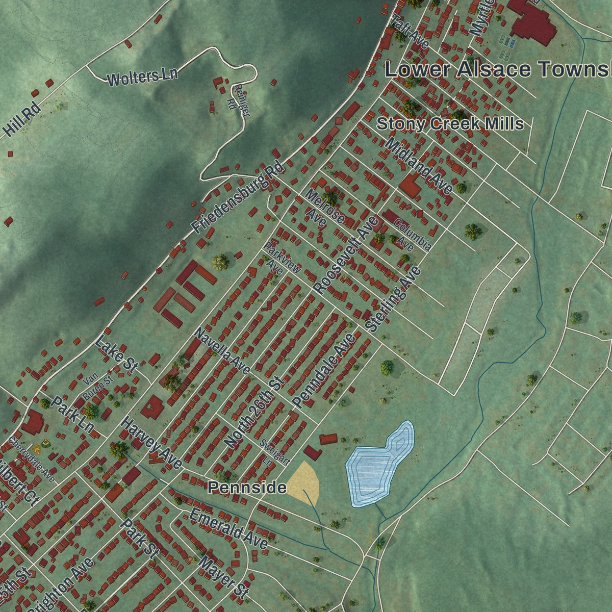 Close-up of the map of Lower Alsace, Pennsylvania print showing street and building detail