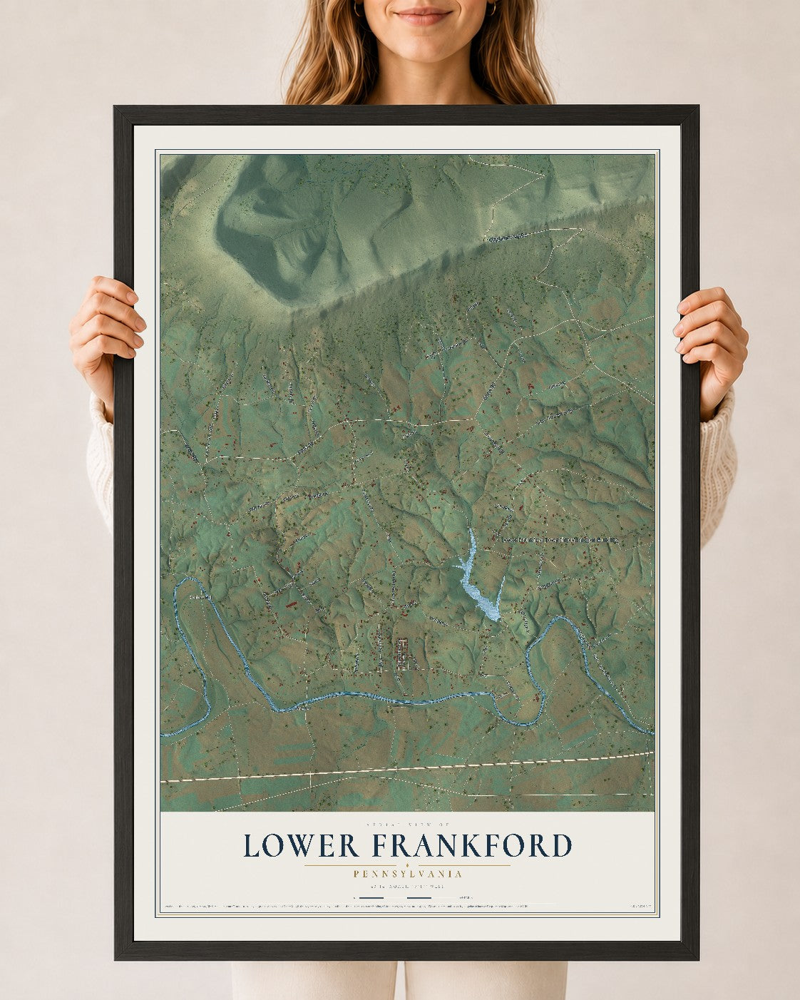 Map of Lower Frankford, Pennsylvania, 24 x 36 inch print in a black wood frame