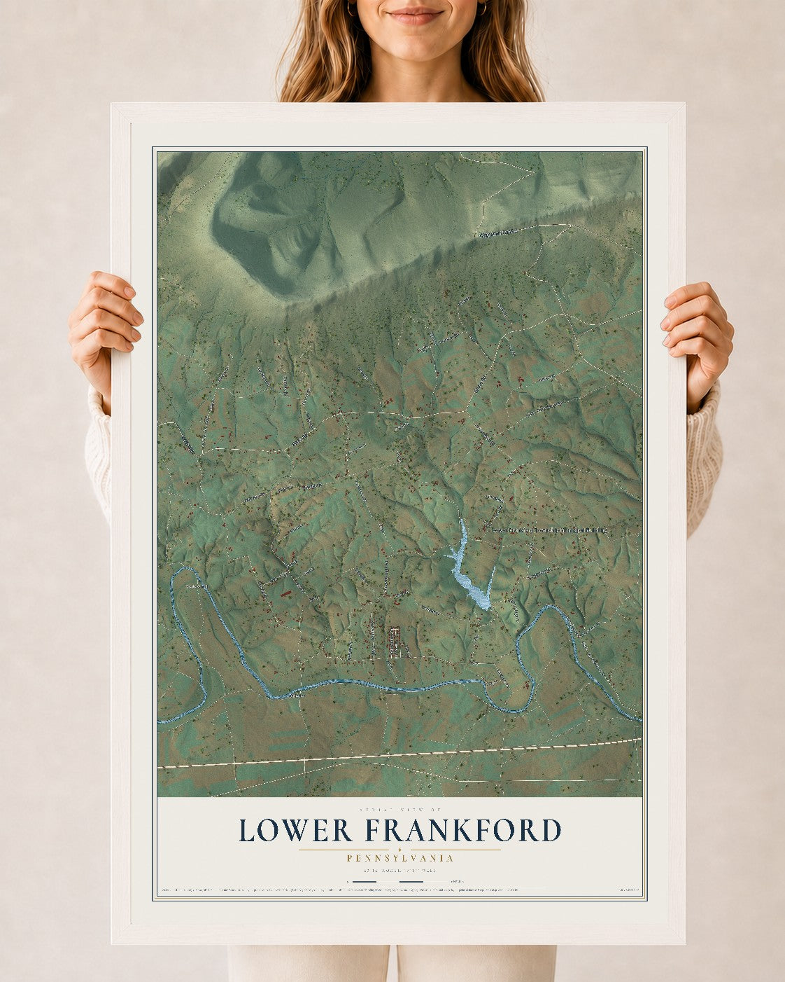 Map of Lower Frankford, Pennsylvania, 24 x 36 inch print in a white wood frame