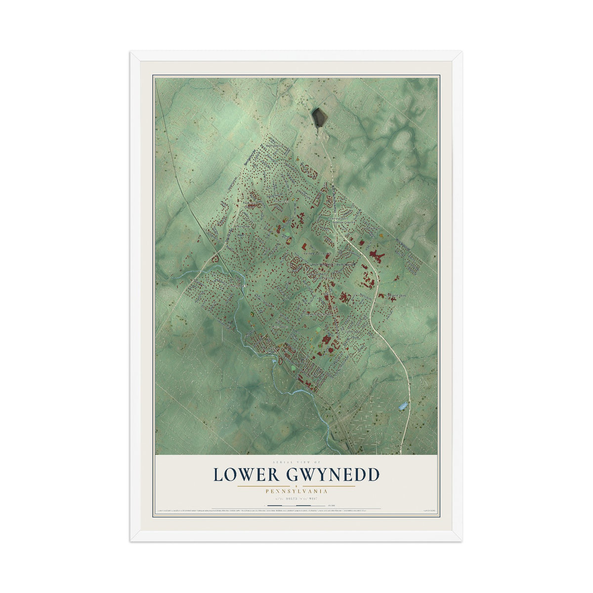 Map of Lower Gwynedd, Pennsylvania, 12 x 18 inch print in a white wood frame