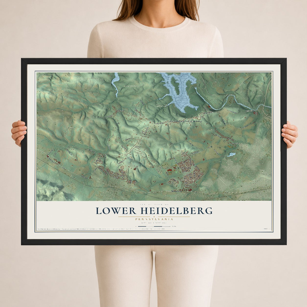 Map of Lower Heidelberg, Pennsylvania, 24 x 36 inch print in a black wood frame