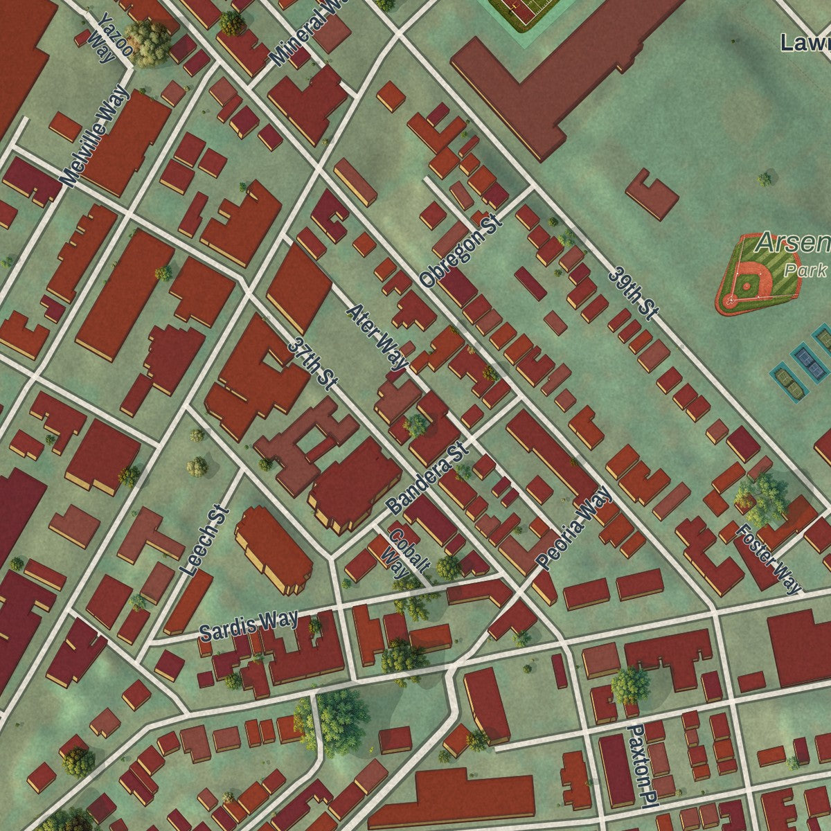 Close-up of the map of Lower Lawrenceville, Pennsylvania print showing street and building detail