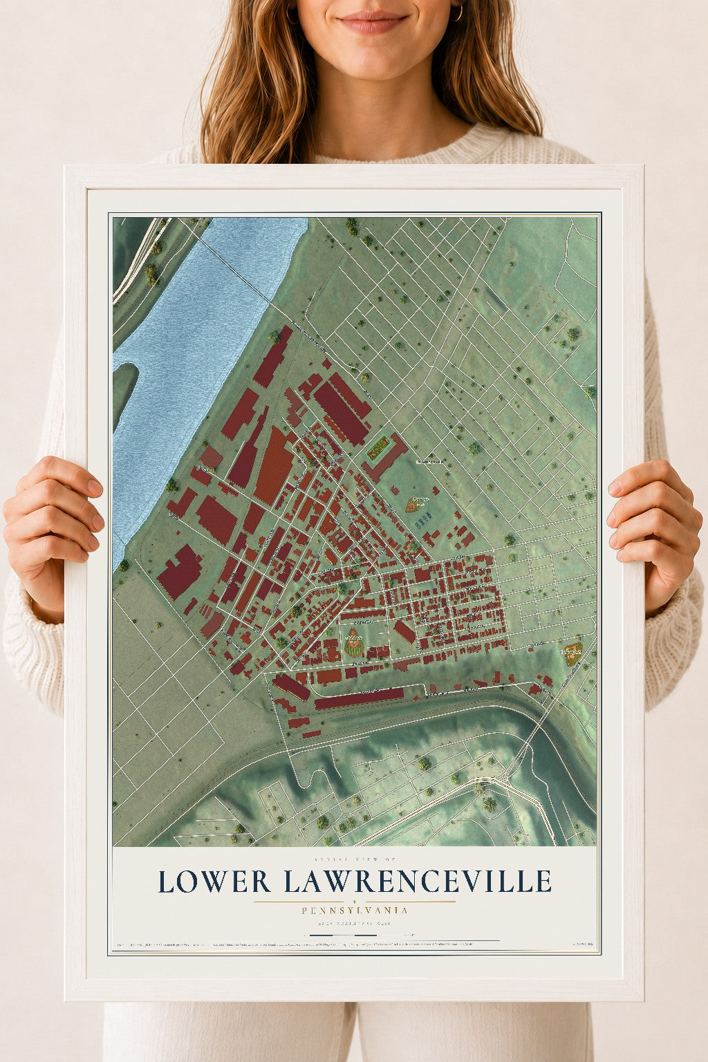 Map of Lower Lawrenceville, Pennsylvania, 18 x 24 inch print in a white wood frame