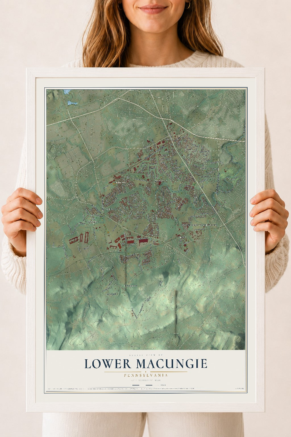 Map of Lower Macungie, Pennsylvania, 18 x 24 inch print in a white wood frame