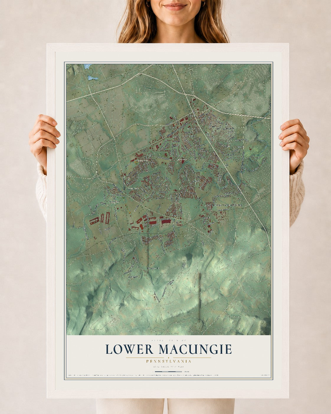 Map of Lower Macungie, Pennsylvania, 24 x 36 inch print in a white wood frame
