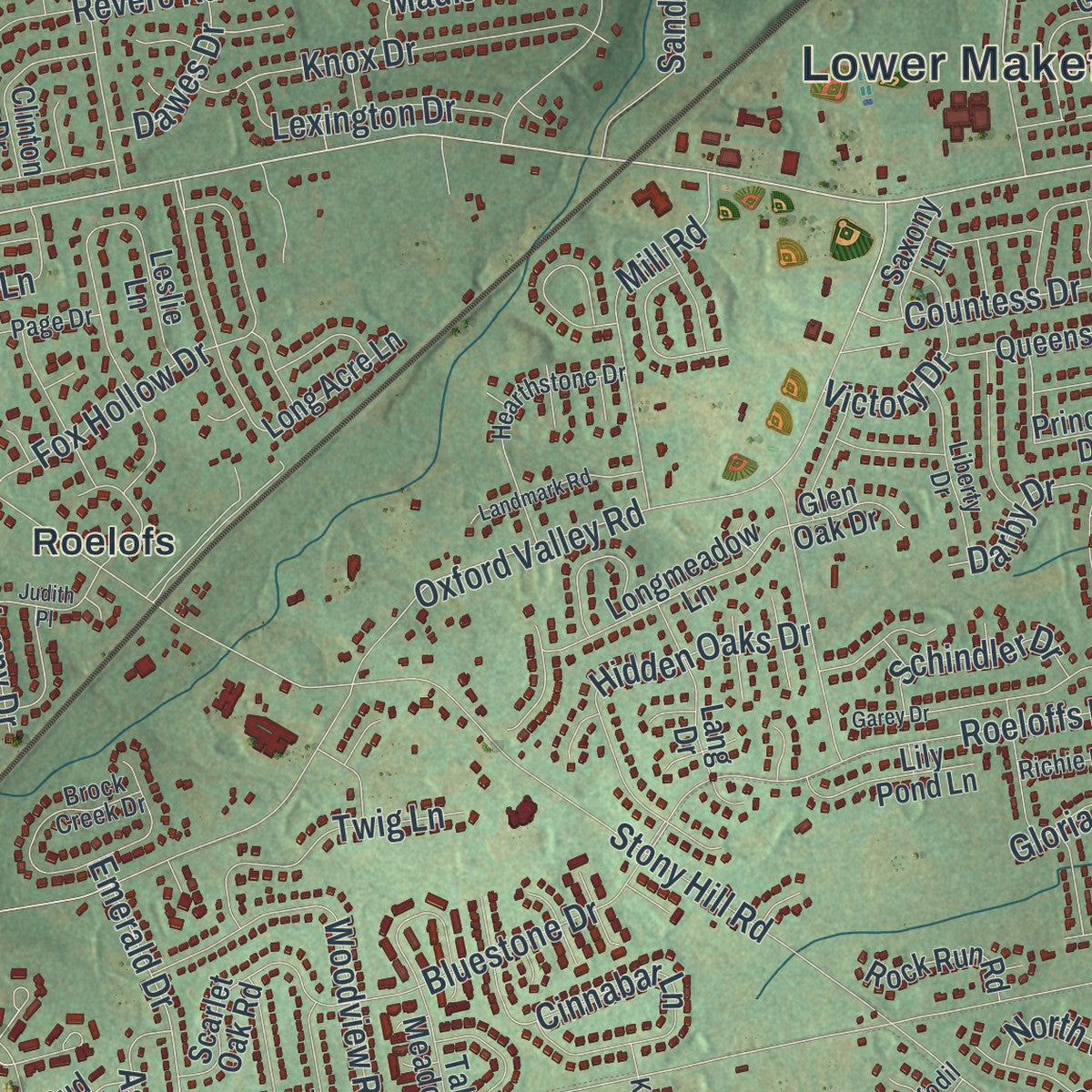 Close-up of the map of Lower Makefield, Pennsylvania print showing street and building detail