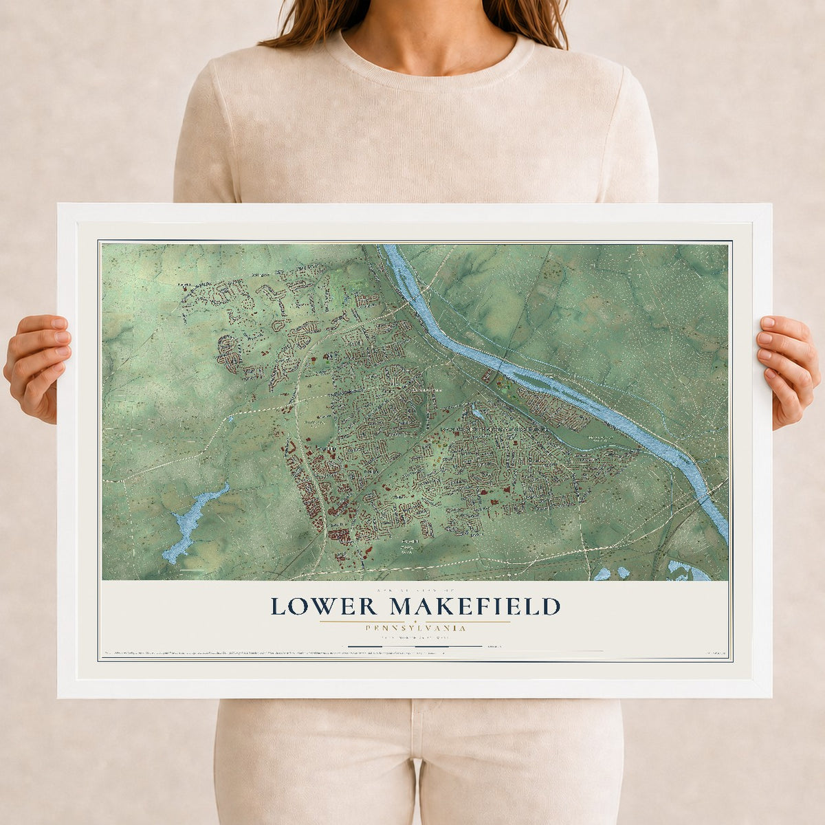 Map of Lower Makefield, Pennsylvania, 12 x 18 inch print in a white wood frame