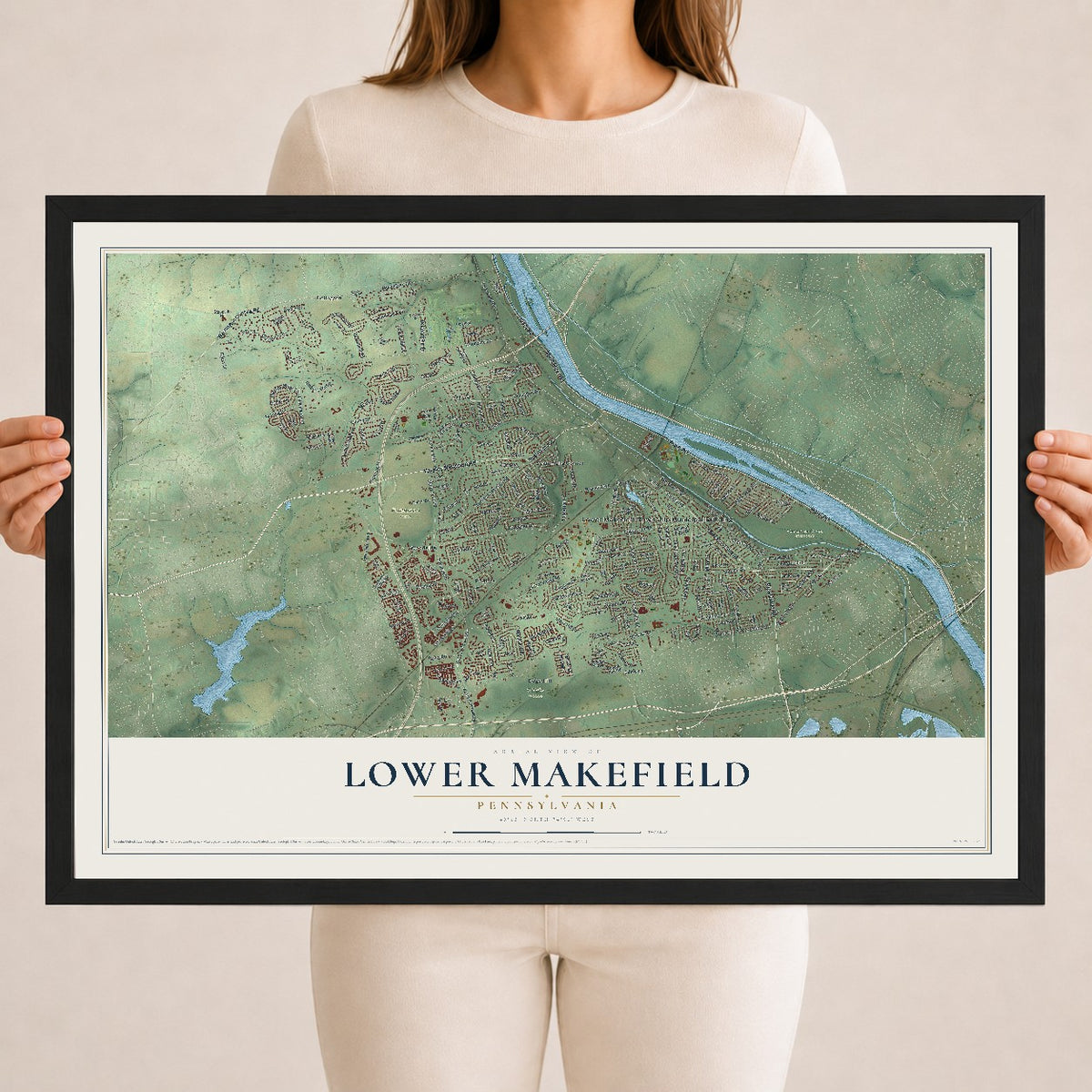 Map of Lower Makefield, Pennsylvania, 18 x 24 inch print in a black wood frame