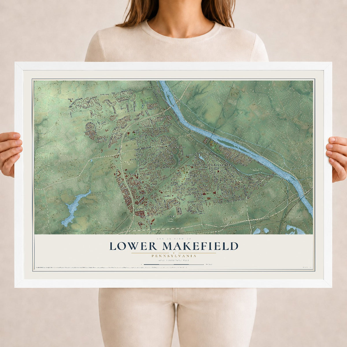 Map of Lower Makefield, Pennsylvania, 18 x 24 inch print in a white wood frame