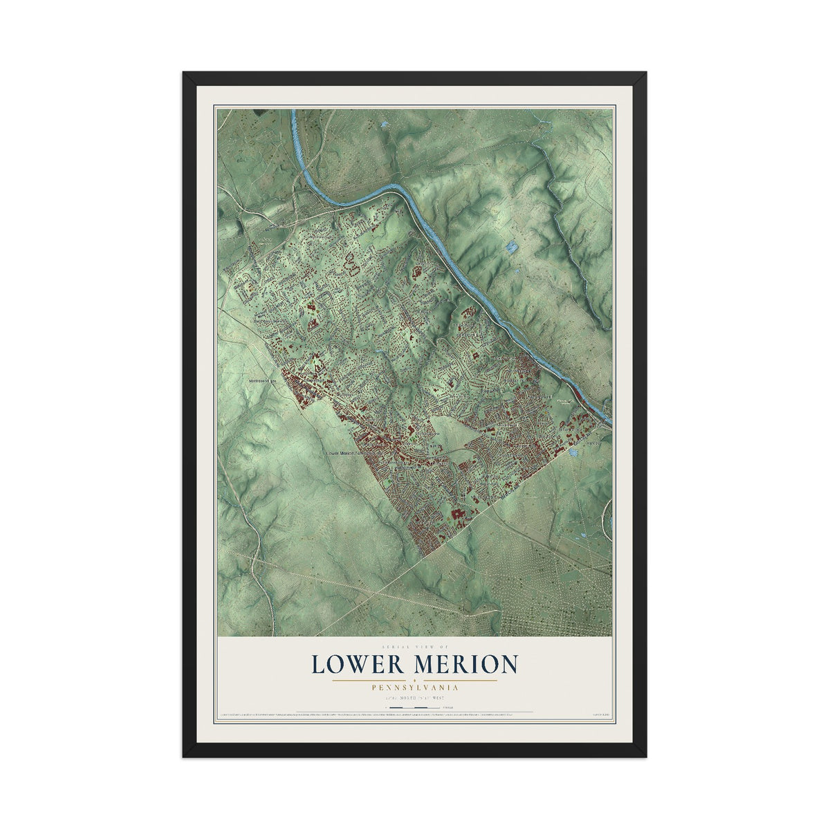 Map of Lower Merion, Pennsylvania, 12 x 18 inch print in a black wood frame
