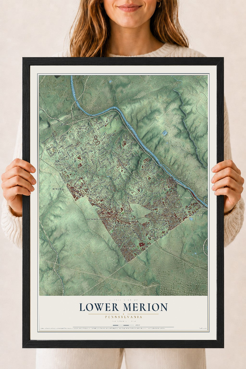 Map of Lower Merion, Pennsylvania, 18 x 24 inch print in a black wood frame