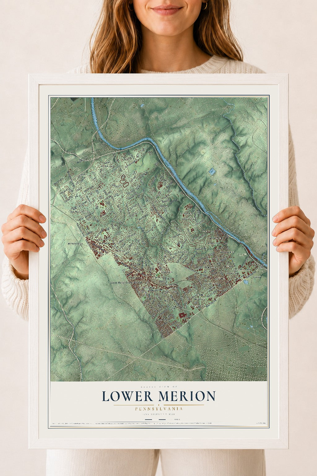 Map of Lower Merion, Pennsylvania, 18 x 24 inch print in a white wood frame