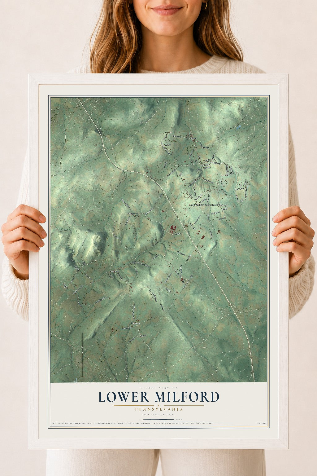 Map of Lower Milford, Pennsylvania, 18 x 24 inch print in a white wood frame