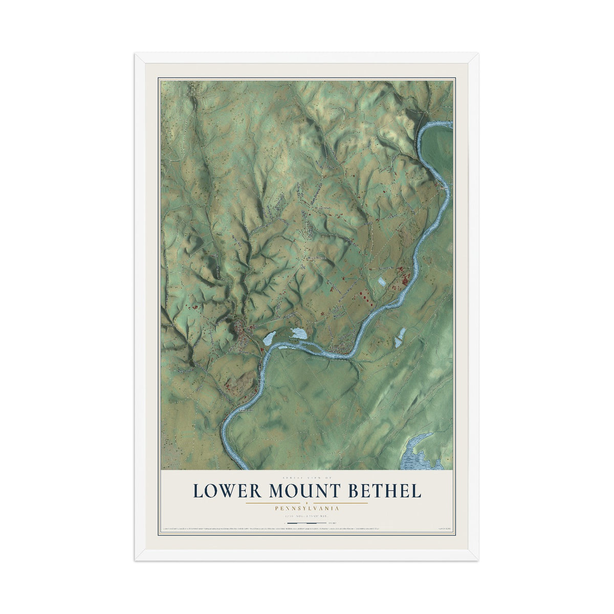 Map of Lower Mount Bethel, Pennsylvania, 12 x 18 inch print in a white wood frame